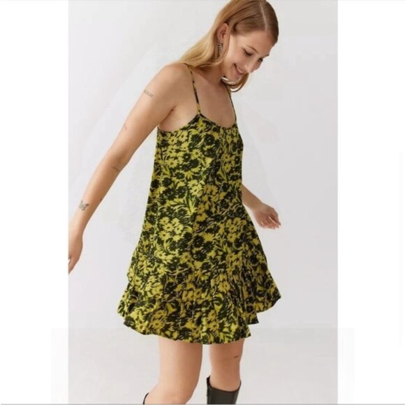 Urban Outfitters | Camille Mini Frock Dress Yellow Green Digitized Floral Print - Picture 6 of 16